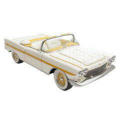 A white car with a yellow stripe and a gold rim