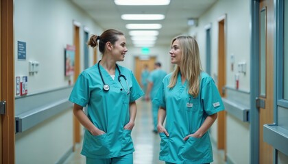 Two nurses in blue scrubs are talking to each other in a hallway
