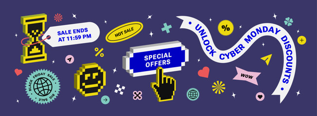 Set of Pixel Cyber Monday shopping Stickers for posters, banner, social media. Retro offer Y2k trendy style. Labelling for advertising. Colorful signs discount. Promo Special offers, Futuristic badge