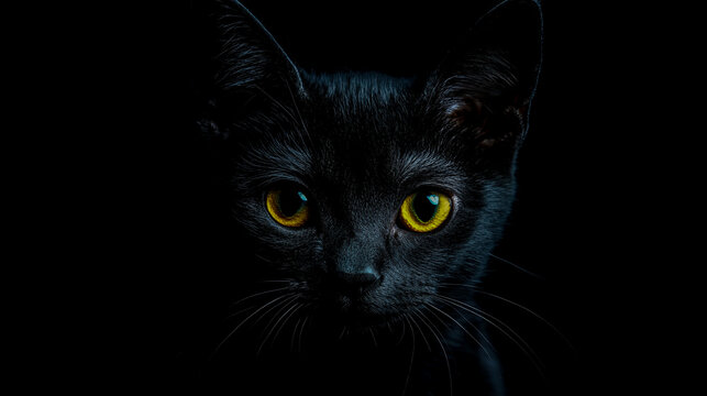 Black cat with yellow eyes isolated on a dark background. - Powered by Adobe