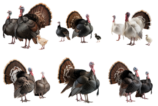 Set of Variety of Turkeys in Different Poses on Transparent Background