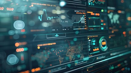 Fototapeta premium Futuristic digital interface with real-time crime prediction data, map highlighting high-risk areas and crime trends, clean dark background emphasizing advanced technology.