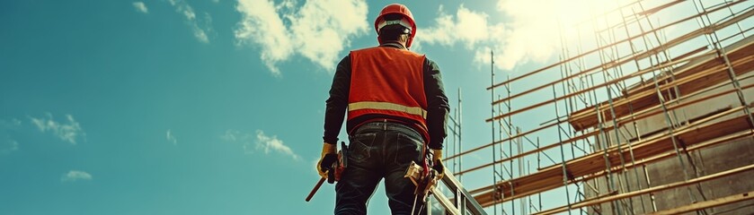 Obraz premium A construction worker surveys the site, showcasing dedication and safety in the building industry under a bright blue sky.