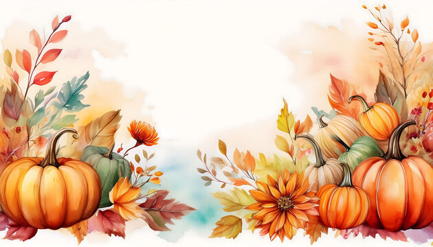 watercolor autumn background featuring pumpkins fall flowers leaves