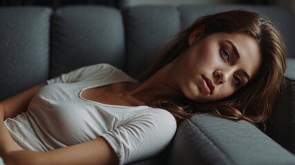 Young woman relaxing comfortably on a cozy sofa