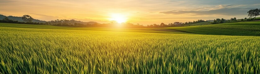 Fototapeta premium A serene landscape of lush green fields illuminated by the warm glow of the rising sun during a beautiful morning.