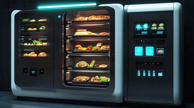 Futuristic Food Vending Machine with Digital Display and Various Food Options
