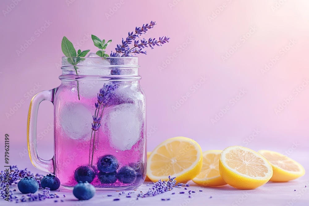 Poster blueberry lavender lemonade in a clear mason