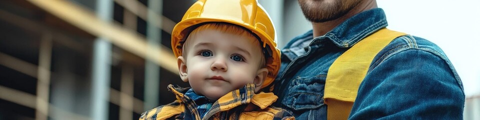 a male construction worker with a small son. Selective focus