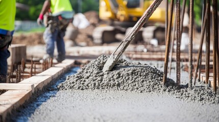 Naklejka premium Construction workers pouring fresh concrete at a building site with heavy machinery in the background.