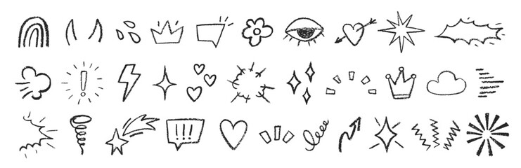 Collection of hand drawn crayon doodle shapes in punk and girly style. Vector illustration.
