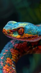 Fototapeta premium A close-up of a brightly colored snake with a green, blue, orange, and black patterned scales.