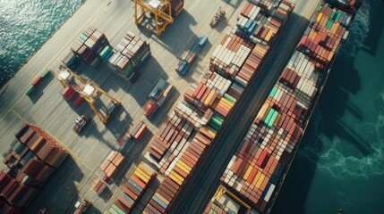 Marine logistics in action at a bustling port, with containers being loaded and unloaded efficiently