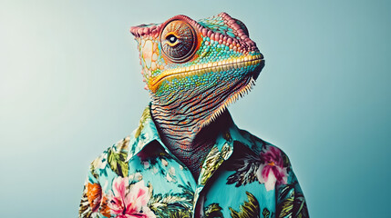 Obraz premium A chameleon with human-like features wears a bright floral shirt while standing in front of a light blue backdrop, blending art and nature in a whimsical way