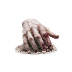 A hand is covered in blood and is laying in the sand