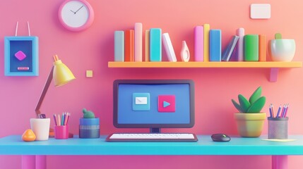 A 3D cartoon-style digital marketplace focused on tools for remote work and study, including animated desks, laptops, books, software icons, and a cozy home office backdrop with colorful decor