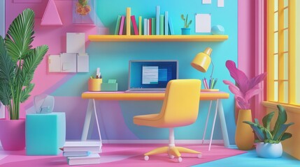 A 3D cartoon-style digital marketplace focused on tools for remote work and study, including animated desks, laptops, books, software icons, and a cozy home office backdrop with colorful decor