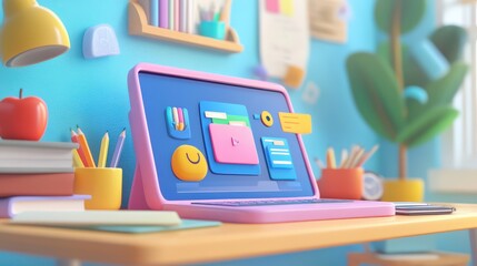 A 3D cartoon-style digital marketplace focused on tools for remote work and study, including animated desks, laptops, books, software icons