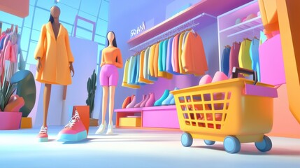 A 3D cartoon-style virtual clothing boutique with a variety of fashionable clothes, shoes, and accessories displayed, animated mannequins wearing the latest trends