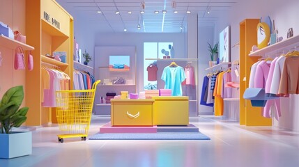 A 3D cartoon-style virtual clothing boutique with a variety of fashionable clothes, shoes, and accessories displayed, animated mannequins wearing the latest trends