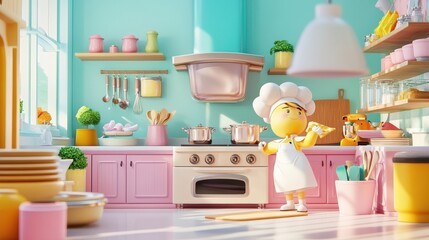 A 3D cartoon-style kitchen scene, with an online store interface selling cookware, utensils, and baking tools, animated chefs trying out new gadgets, colorful kitchen backdrop