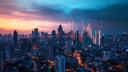 Fototapeta premium Stunning city skyline at sunset with vibrant colors and illuminated buildings, showcasing an urban landscape in twilight.