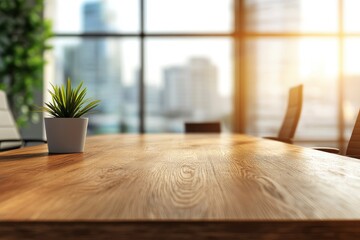 Empty office wooden desktop with empty space on modern boardroom with large window background, closeup, mock up wth generative ai
