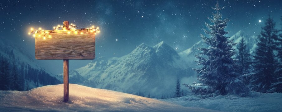 Wooden sign with lights in snowy night mountains scene