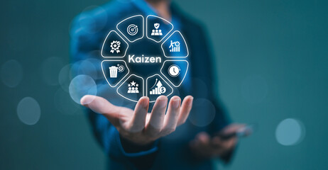 Kaizen standard business planning concept. Optimal continuous improvement learn for efficiency effective. Kaizen cycle digital icon in hand improve productivity process solution. Team quality change