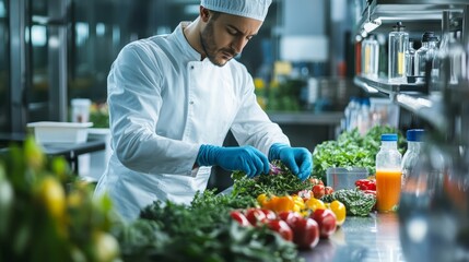 A chef prepares fresh vegetables and fruits in a modern kitchen, showcasing culinary skills and vibrant ingredients.