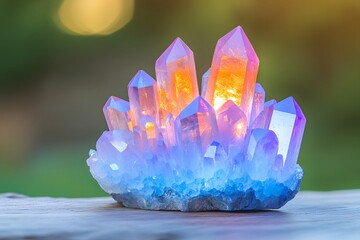A blue quartz crystal cluster with an orange glow, creating a magical and mystical atmosphere