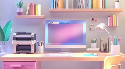 Cartoon 3D style of an online store specializing in office supplies, with animated desks, stationery items, printers, and organizers, and a digital workspace environment