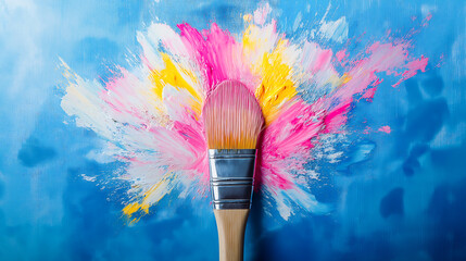 An artistic illustration showing an explosive burst of vibrant colors, emanating from a paintbrush placed on a canvas