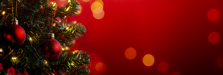 Christmas tree with toys on a red background, banner design, space for text, close-up,