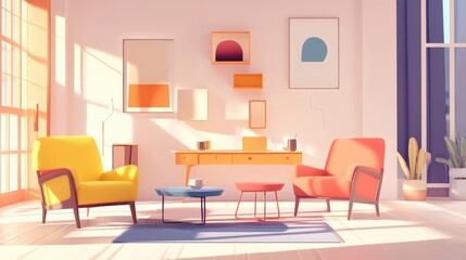 3D cartoon style of a modern online store selling home furniture and decor, with a variety of stylish chairs, tables, and wall art, a sleek website interface in the background