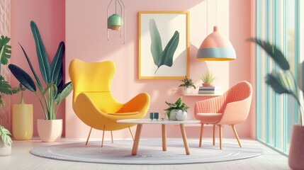 3D cartoon style of a modern online store selling home furniture and decor, with a variety of stylish chairs, tables, and wall art, a sleek website interface in the background
