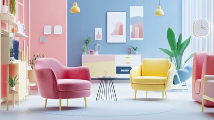 3D cartoon style of a modern online store selling home furniture and decor, with a variety of stylish chairs, tables, and wall art, a sleek website interface in the background