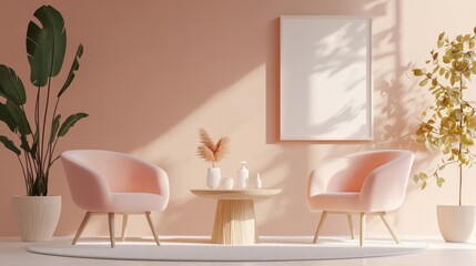 3D cartoon style of a modern online store selling home furniture and decor, with a variety of stylish chairs, tables, and wall art