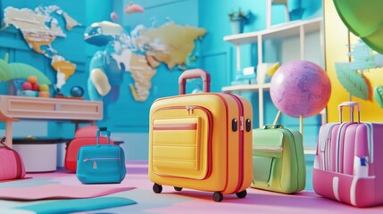 3D cartoon-style scene of an online shop selling travel gear, including luggage, backpacks, travel pillows, and accessories, with animated globes and maps in the background