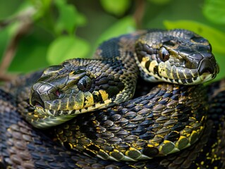 Obraz premium Two snakes intertwined on a branch, with green foliage in the background.