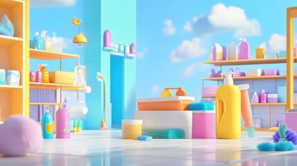 3D cartoon-style scene of an online store selling cleaning supplies, animated characters choosing products like detergents, vacuum cleaners, and sanitizers, with a sparkling clean background