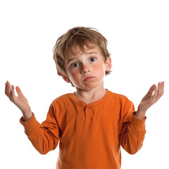 A kid with arms outstretched, palms up, head tilted to the side, and an unsure look on their face. isolated on transparency background