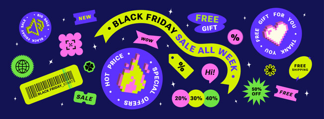 Set of Cool Sale Pixel Black Friday stickers for business. Geometric elements for a store sale, posters, banner, social media. Retro offer Y2k trendy style. advertising. Futuristic badge