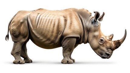Fototapeta premium Fauna of the African savanna, endangered species and large mammals concept theme with an adult rhino isolated on white background