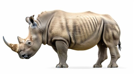 Fototapeta premium Fauna of the African savanna, endangered species and large mammals concept theme with an adult rhino isolated on white background