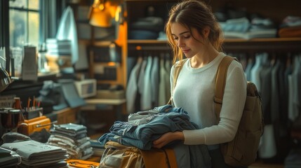 A young woman packing clothes.