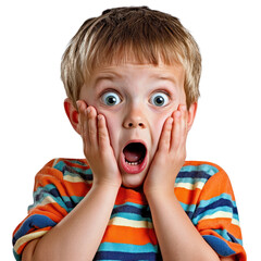 A kid with both hands on their cheeks, eyes wide open, and mouth in a surprised "O." isolated on transparency background