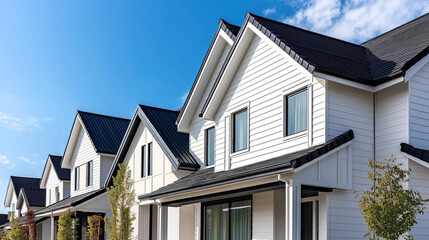 Row of modern suburban houses with black roofs and white siding under a clear blue sky. Each house has large windows and a small front yard with young trees.