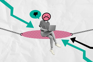 Composite photo collage of anonym girl instead head sad emoji type laptop cyberbully offense unpopular blog isolated on painted background