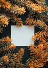 Naklejka premium Dark background with gold pine branches and white card
